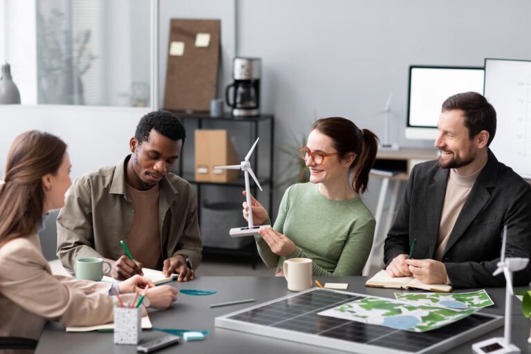 Profissionais discutindo projetos sustentáveis, representando empresas de energia limpa na Bolsa de Valores.