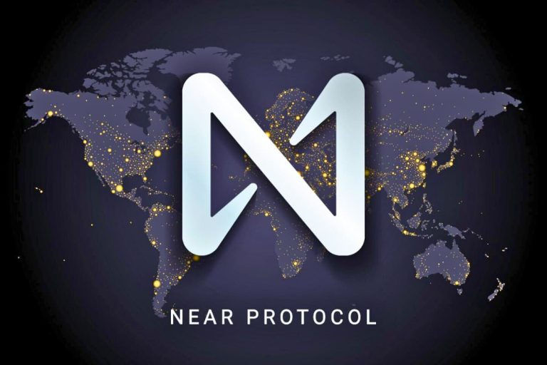 Imagem com o logotipo do Near Protocol em destaque, sobre um mapa iluminado que representa conexões globais.