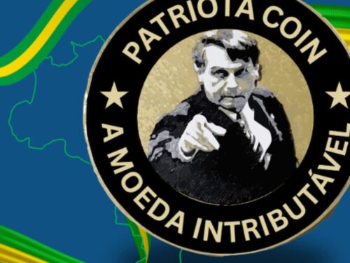 Imagem de uma memecoin chamada Patriota Coin, inspirada em Jair Bolsonaro, com a frase "A Moeda Intributável" e um fundo com a bandeira do Brasil.