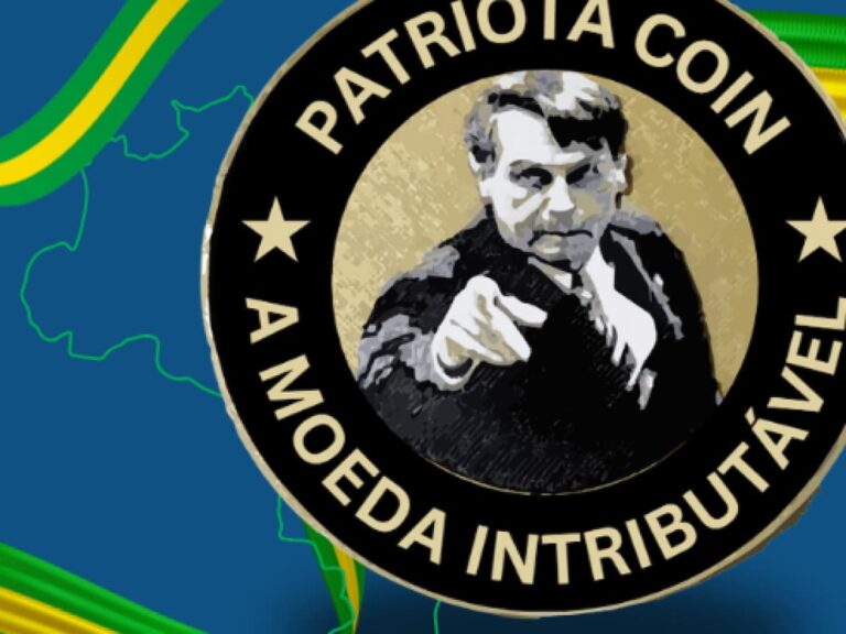 Imagem de uma memecoin chamada Patriota Coin, inspirada em Jair Bolsonaro, com a frase "A Moeda Intributável" e um fundo com a bandeira do Brasil.