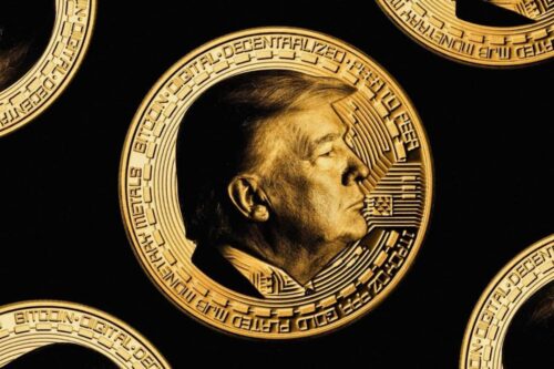 Imagem de uma moeda dourada com o perfil de Donald Trump em relevo, representando o conceito da $TRUMP coin no universo cripto.