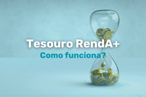 Relógio de areia com moedas e texto "Tesouro RendA+ Como funciona?". Representação visual do investimento para aposentadoria.
