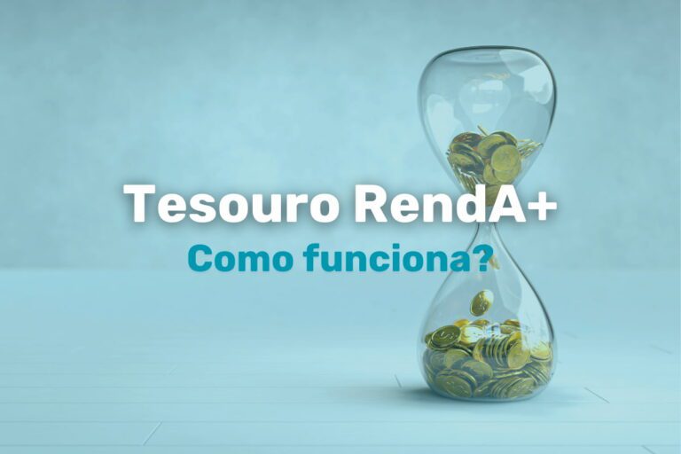Relógio de areia com moedas e texto "Tesouro RendA+ Como funciona?". Representação visual do investimento para aposentadoria.