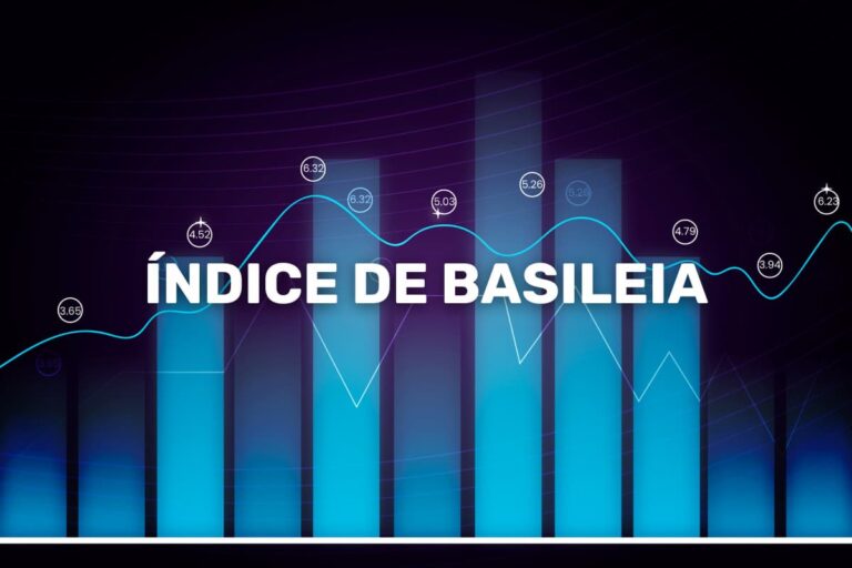 Gráfico azul com barras e linha de crescimento sobre fundo escuro, destacando o texto Índice de Basileia no centro.