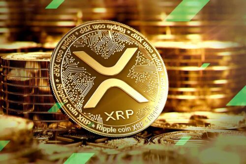 Imagem dourada de XRP em destaque, com pilhas de moedas ao fundo, representando criptomoedas como Bitcoin e Ethereum.