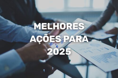 Profissionais analisam gráficos financeiros em um tablet e documentos, discutindo as melhores ações para 2025.