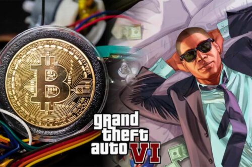 Imagem com moeda de Bitcoin e arte de personagem do GTA; texto "GTA 6 e criptomoedas" sugere conexão entre jogo e criptoativos.