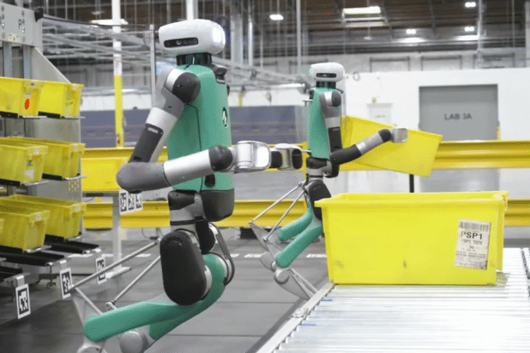 Robôs humanoides da Amazon com inteligência artificial atuando em ambiente de centro de distribuição, otimizando entregas e substituindo trabalhadores.