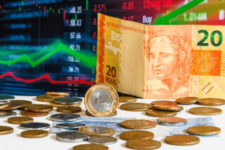 Investimento de R$10 mil comparando CDBs e CDI em maio, com gráficos financeiros e dinheiro em moedas e notas de papel, destacando o rendimento nos investimentos.