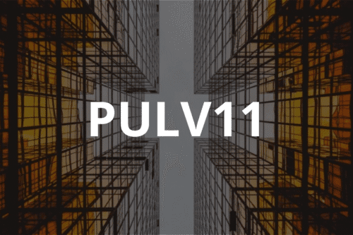 Fundo imobiliário PULV11 com destaque para retorno de IPCA + 11,30%, investimento forte em abril e imagens de edifícios comerciais modernos.