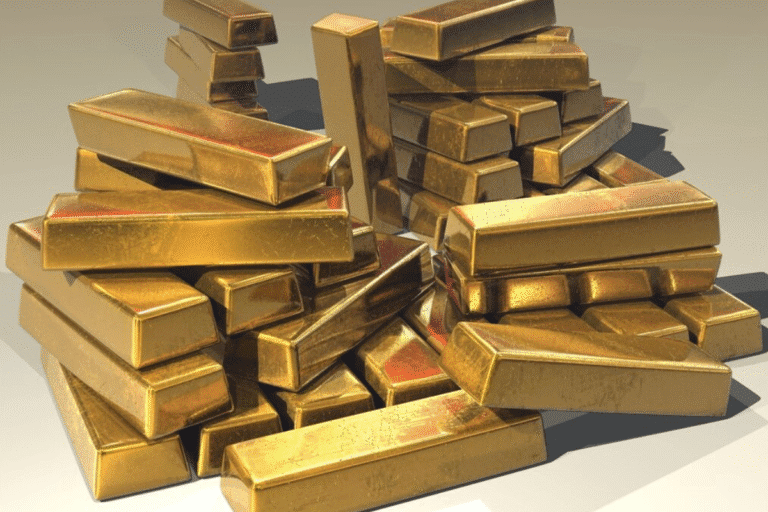 Modelo 3D de barras de ouro dispostas em uma pilha.