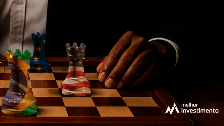 Ilustração de um jogo de Xadrez, onde Brasil, EUA e União Europeia são tidos como peças.