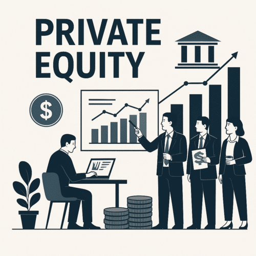 Ilustração explicando o que é private equity com gráficos e investidores analisando dados.