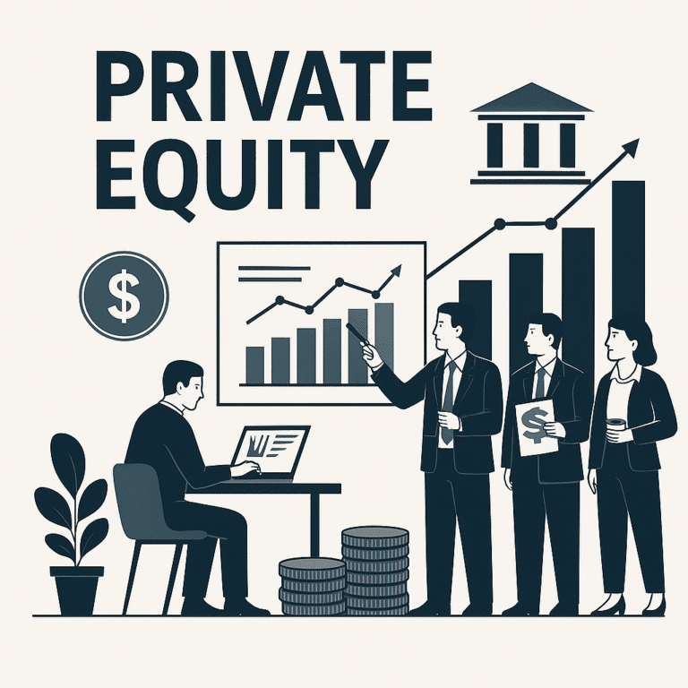 Ilustração explicando o que é private equity com gráficos e investidores analisando dados.
