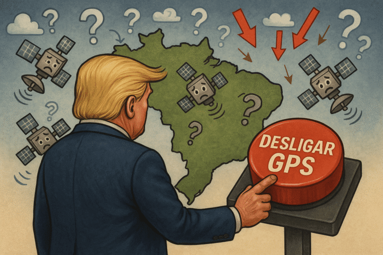 Ilustração de Donald Trump, ameaçando desligar o GPS com o mapa do Brasil ao fundo.
