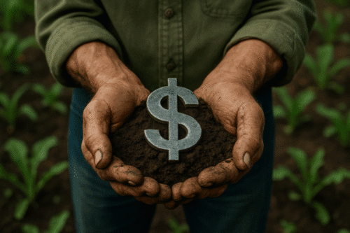 Ilustração de um Homem segurando terra com um símbolo de dólar.