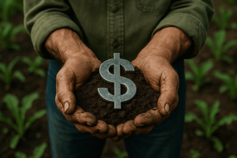 Ilustração de um Homem segurando terra com um símbolo de dólar.