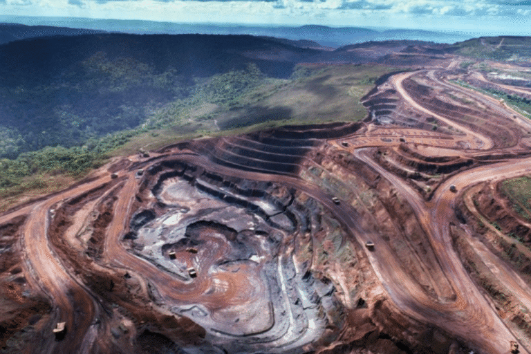 Vista de uma mina a céu aberto cercada por árvores, mostrando a exploração mineral.