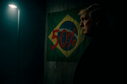 Ilustração do Presidente Donald Trump dos EUA ao lado de uma bandeira do Brasil com os “50%” de tarifa comercial.