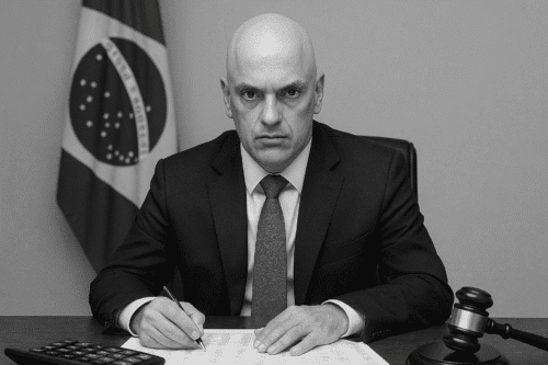 Imagem preta e branca do ministro do STF Alexandre de Moraes, com feição séria.