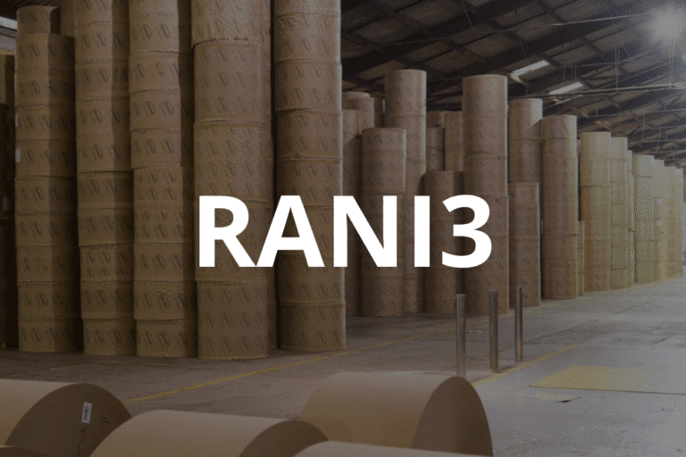 Imagem de um grande estoque de rolos de papel em uma fábrica ou armazém, com a palavra RANI3 destacada ao centro.