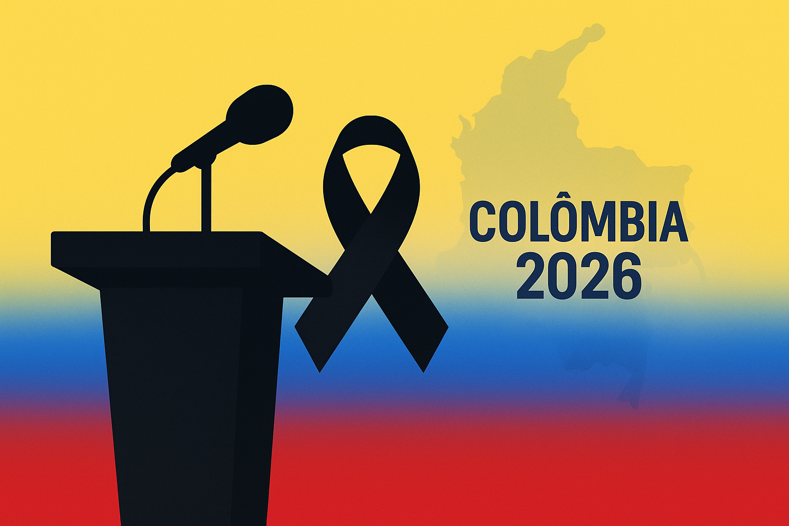 Miguel Uribe Turbay representado por laço de luto e microfone diante das cores da bandeira da Colômbia Links internos: categoria Internacional, especial Eleições 2026