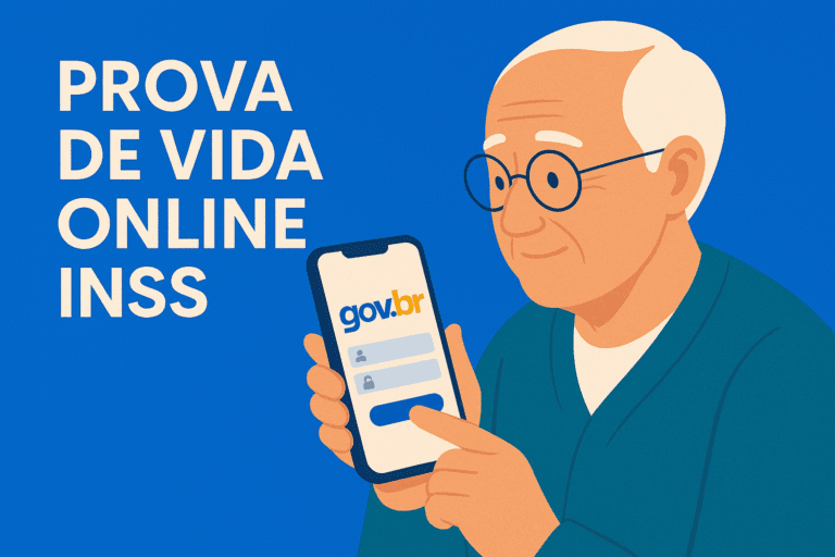 Idoso usando celular para fazer prova de vida no aplicativo gov.br (INSS)