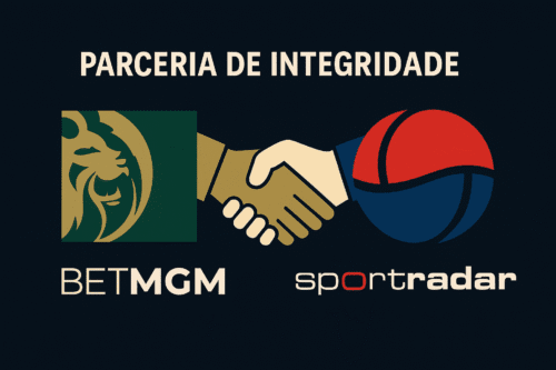 Logotipos de BetMGM e Sportradar apertando as mãos, simbolizando parceria de integridade