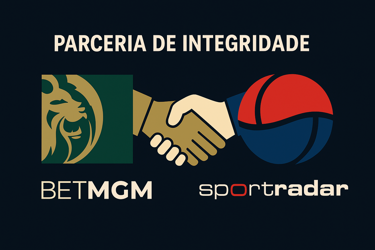 Logotipos de BetMGM e Sportradar apertando as mãos, simbolizando parceria de integridade