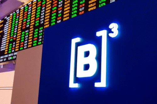 Quadro de informações do mercado financeiro em fundos verdes e vermelhos com destaque para o logotipo B13 em destaque azul na matriz de ações.