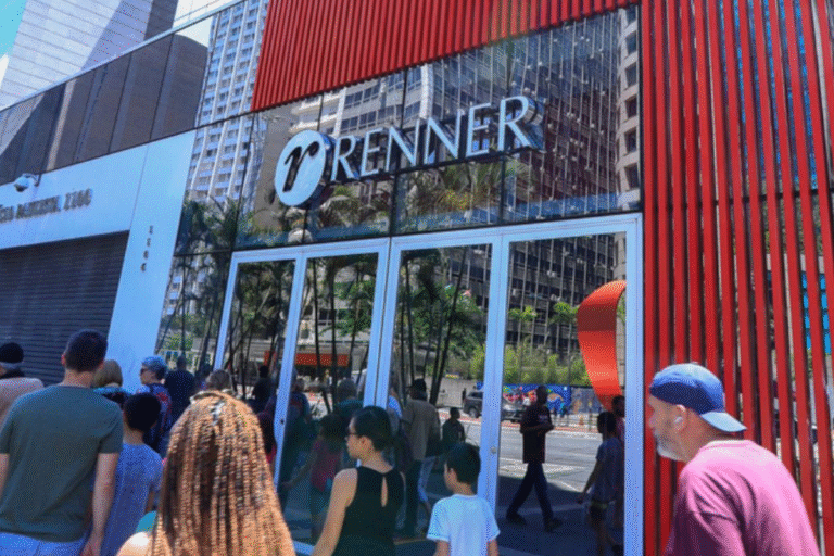Fachada do prédio da loja Trenner com pessoas entrando na loja, refletindo a cidade no vidro.