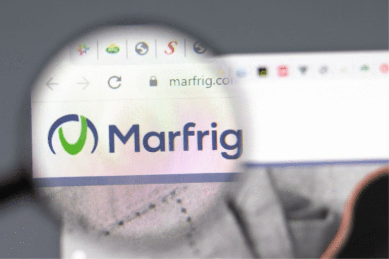A imagem mostra a tela de um computador com o site da Marfrig visível, bastante ampliada pela lupa, destacando o logotipo da empresa, que é reconhecida no setor de carnes. A foto enfatiza a marca Marfrig, uma importante referência no mercado de alimentos. perosinando a importância da marca no segmento de alimentos e carnes.