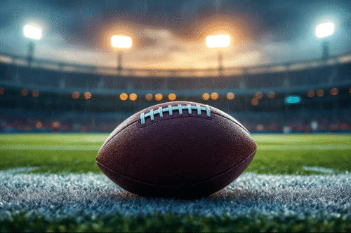 Imagem de uma bola de futebol americano em um estádio com luzes brilhantes ao fundo, simbolizando o esporte e o jogo de futebol.