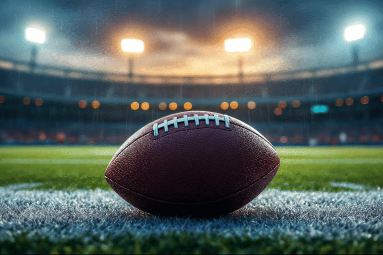 Imagem de uma bola de futebol americano em um estádio com luzes brilhantes ao fundo, simbolizando o esporte e o jogo de futebol.