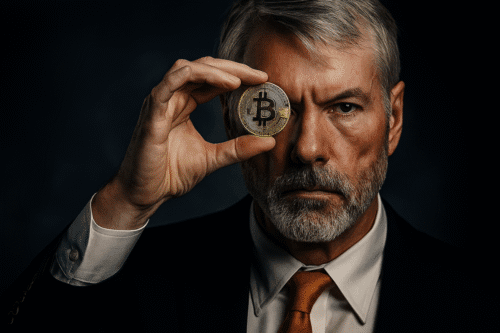 Homem de terno com barba e cabelo grisalho segura uma moeda de bitcoin na frente do olho, simbolizando criptomoedas e investimentos digitais.