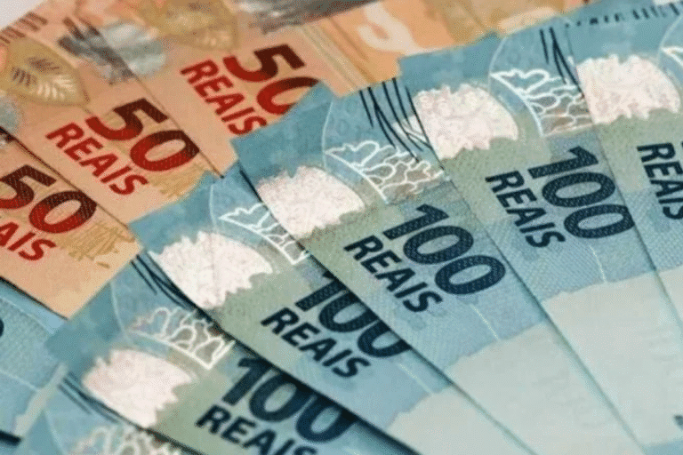 Imagem de notas de dinheiro brasileiro, incluindo cédulas de 50, 100 e 200 reais, dispostas de forma sobreposta. Dinheiro em circulação no Brasil, símbolo de riqueza e economia.