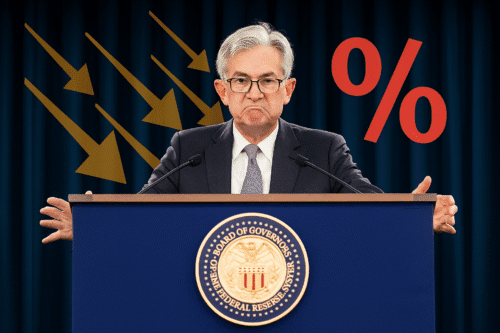Arte ilustrando Jerome Powell, presidente do FED