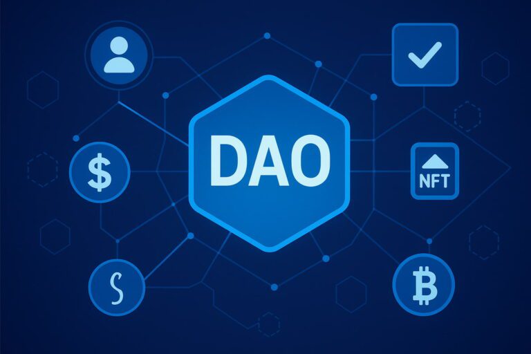 Ilustração digital de DAO com ícones de blockchain, NFT, criptomoedas e governança descentralizada.