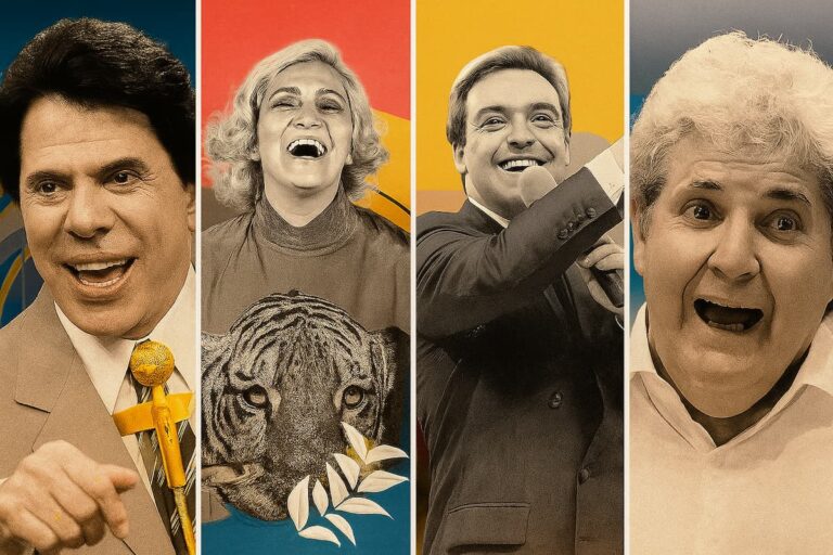 Silvio Santos no estilo retrô ao lado de outros apresentadores em montagem colorida, destaque para lançamento no Disney Plus.