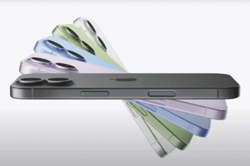 Imagem de um iPhone com câmeras múltiplas e várias cores, destacando os diferentes modelos disponíveis para diferentes preferências.