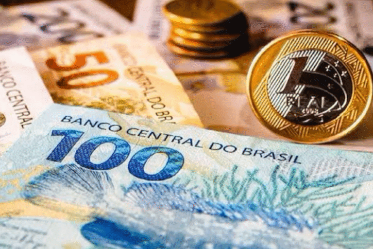 Imagem de dinheiro brasileiro com cédulas de 50 e 100 reais e moedas de criptomoeda, representando investimentos financeiros no Brasil.