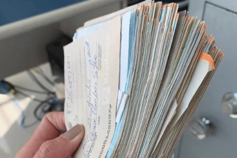 Pessoa segurando um grande monte de cheques, com aspecto de documentos financeiros, em um ambiente interno.