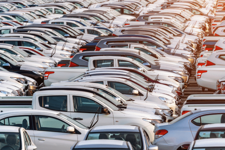Grande estacionamento de carros brancos e cinzas organizados em várias filas, pronto para serem vendidos ou alugados.