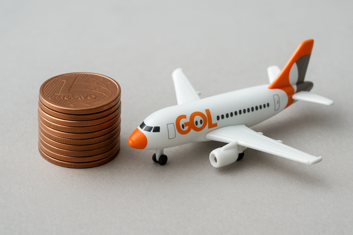 Uma pilha de moedas de 1 centavo ao lado de um mini avião de brinquedo da Gol (GOLL54), simbolizando o valor ínfimo da ação.