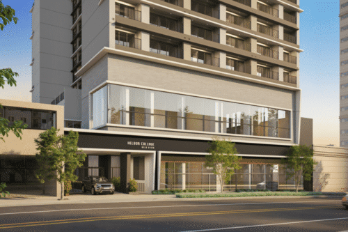 Imagem de um prédio moderno na cidade com fachada de vidro e comercial Helbor Collage na entrada, com árvores ao redor na rua.