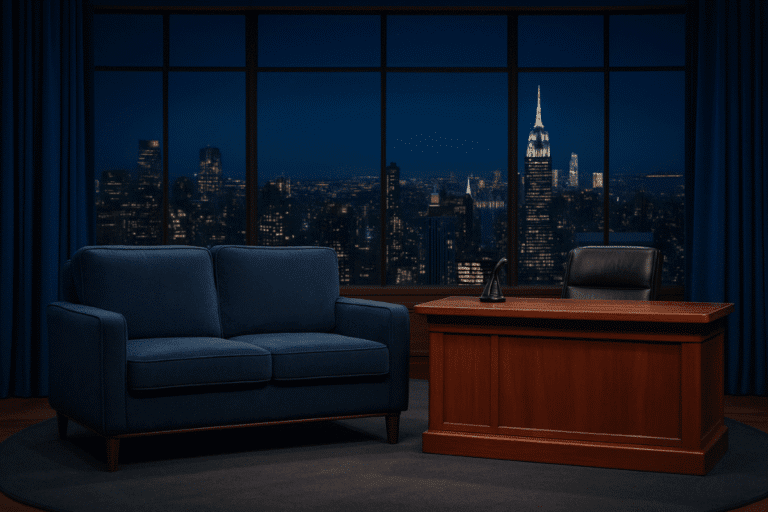 Conjunto de sofá e cadeira azuis diante de uma janela, ilustrando um talk show.