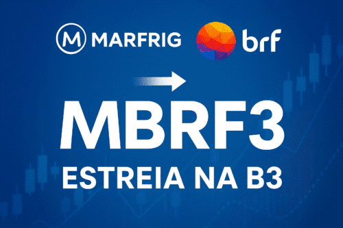 Logo da MBRF com gráficos ilustrando a fusão entre Marfrig e BRF e a estreia das ações MBRF3 na B3.