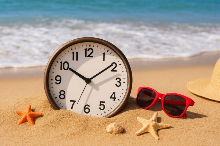 Relógio de parede marcando 11h50 na praia, com óculos de sol vermelhos, chapéu de palha e estrelas do mar na areia, simbolizando o horário de verão.