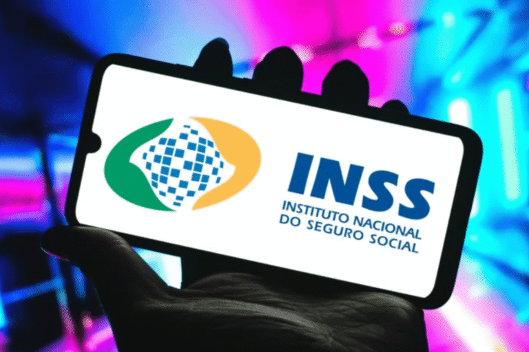 Imagem de um telefone celular exibindo o logo do INSS (Instituto Nacional do Seguro Social) com fundo de cores neon vibrantes, destacando a importância do seguro social no Brasil.