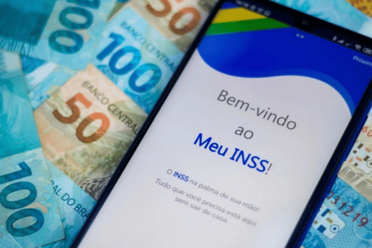 Aplicativo Meu INSS no smartphone, com notas de dinheiro ao redor, destacando a facilidade de acesso ao benefício previdenciário no Brasil.